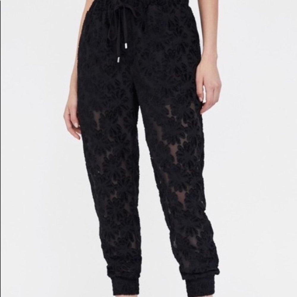ZARA Women's Size Medium Black Velvet Floral Flowy Drawstring Joggers Pants M